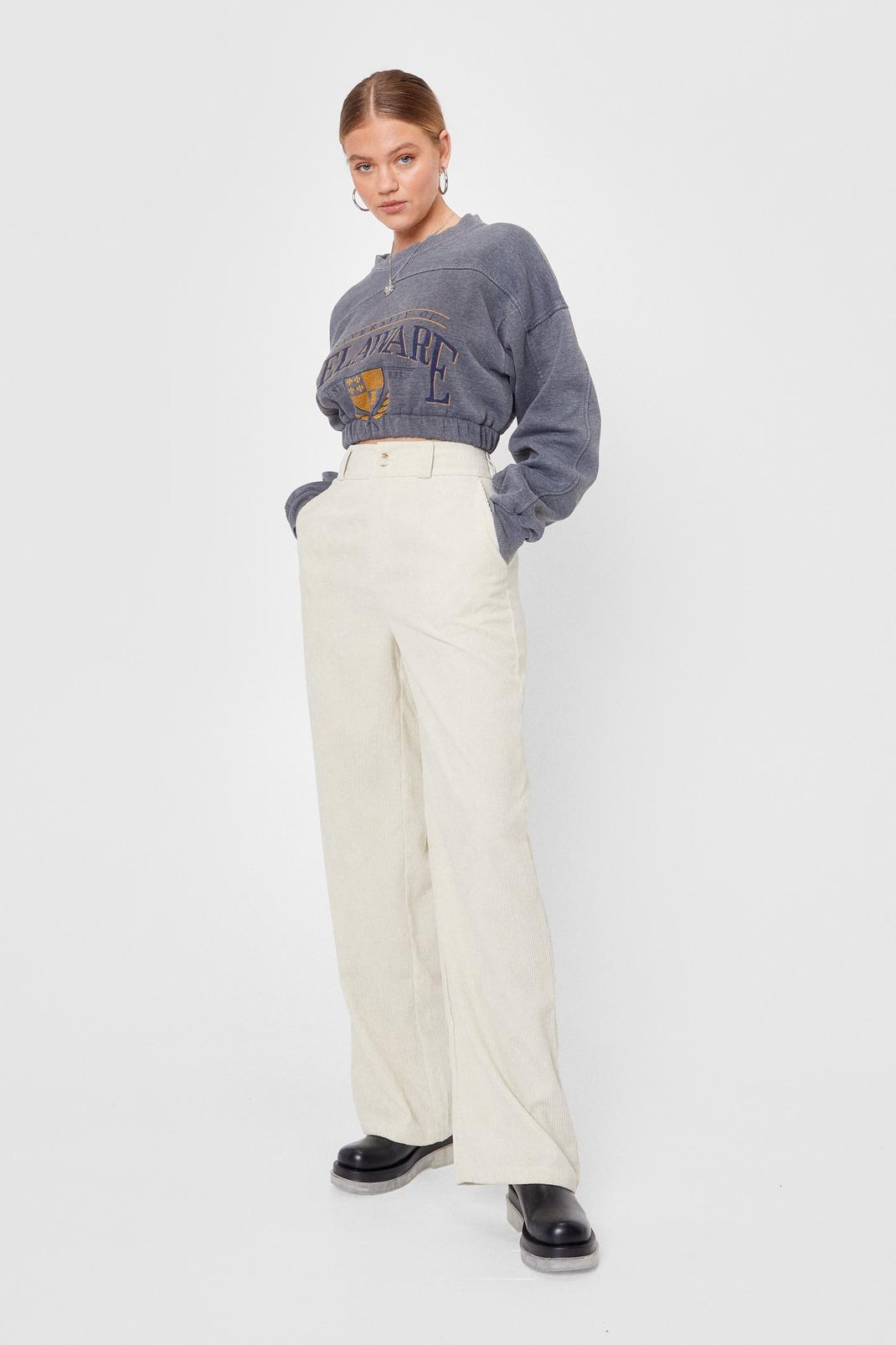 Pantalon droit taille haute en velours côtelé, Ivory image number 1