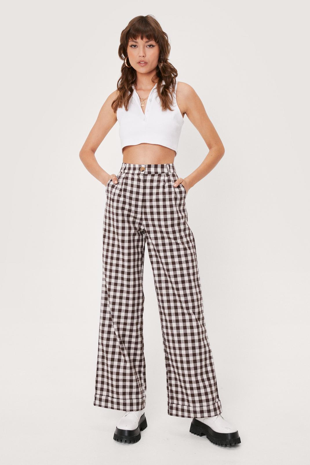 Chocolate High Waisted Wide Leg Gingham Trousers image number 1