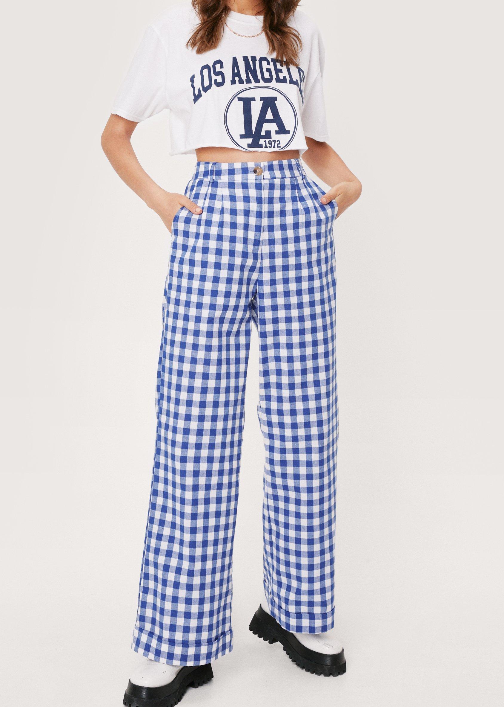 High Waisted Wide Leg Gingham Pants