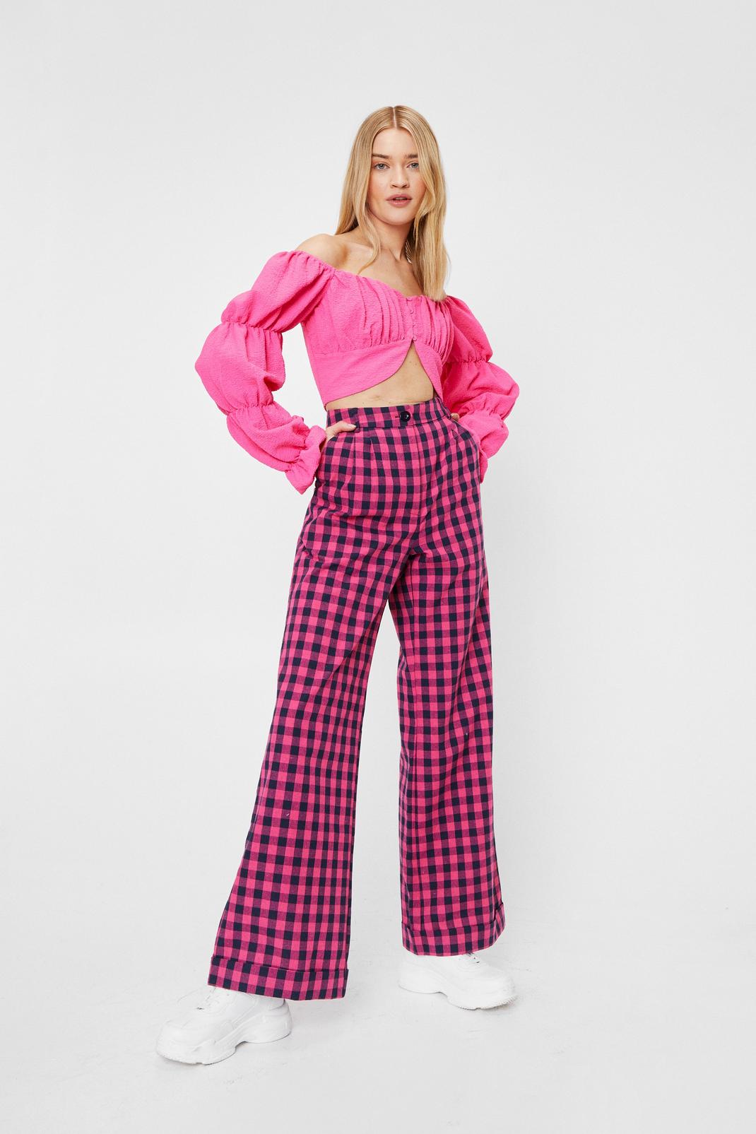 Pantalon large taille haute à imprimé vichy, Pink image number 1