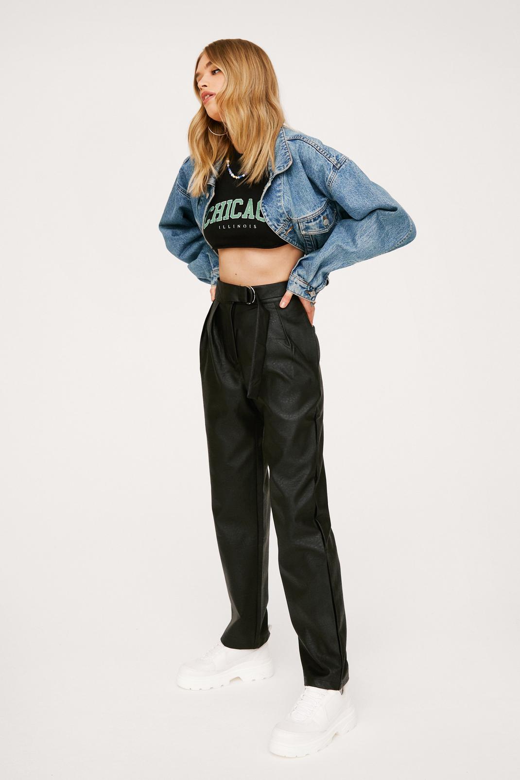 Black Faux Leather High Waisted Tie Belt Pants image number 1
