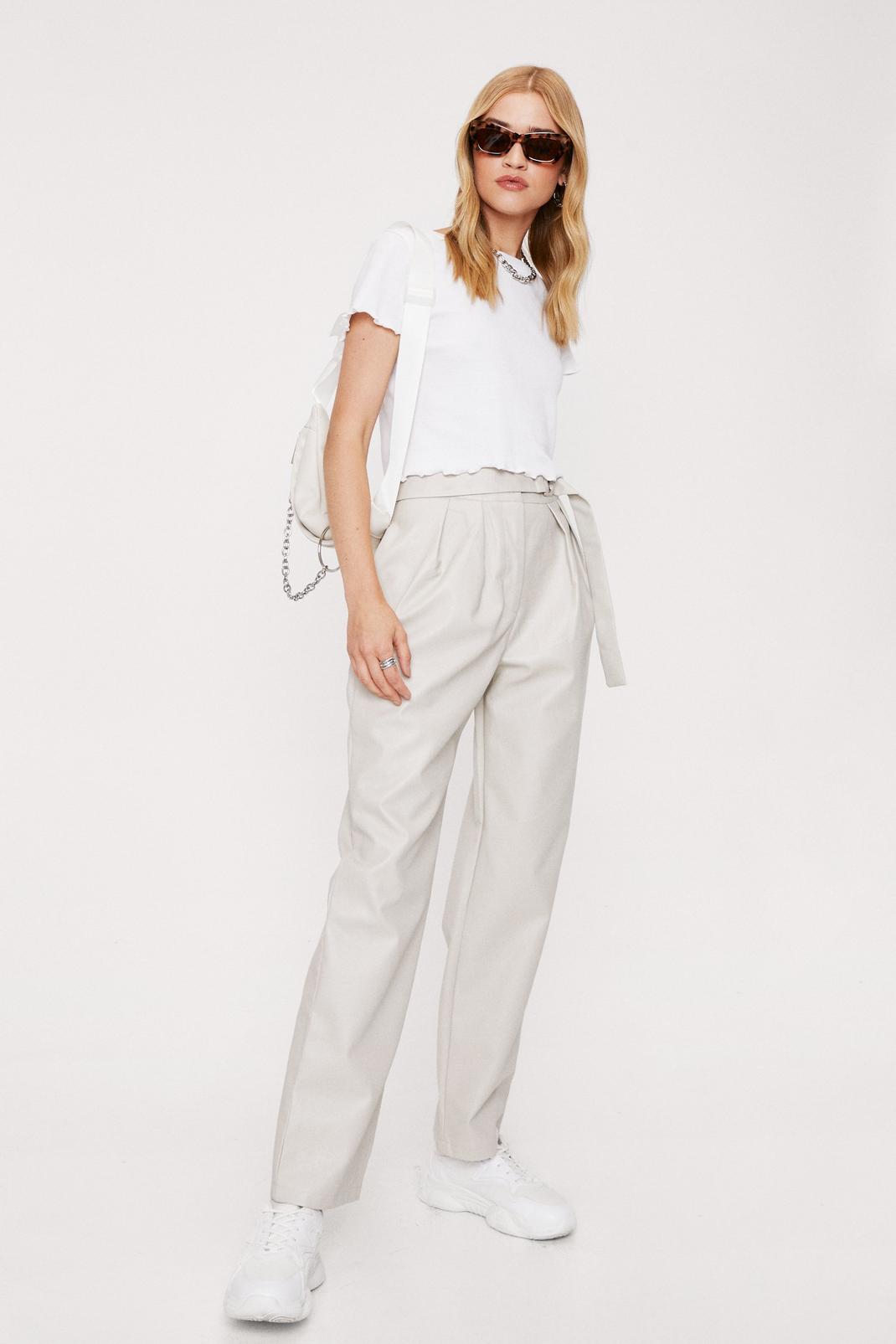 Light stone Faux Leather High Waisted Tie Belt Trousers image number 1