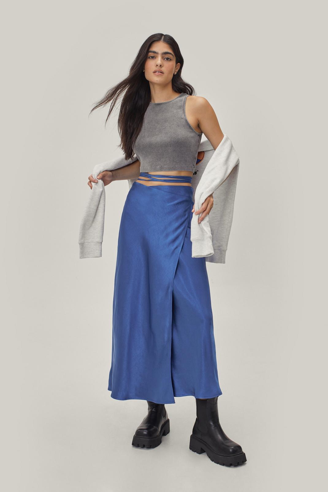 Cobalt Strappy Satin High Waisted Midi Skirt image number 1