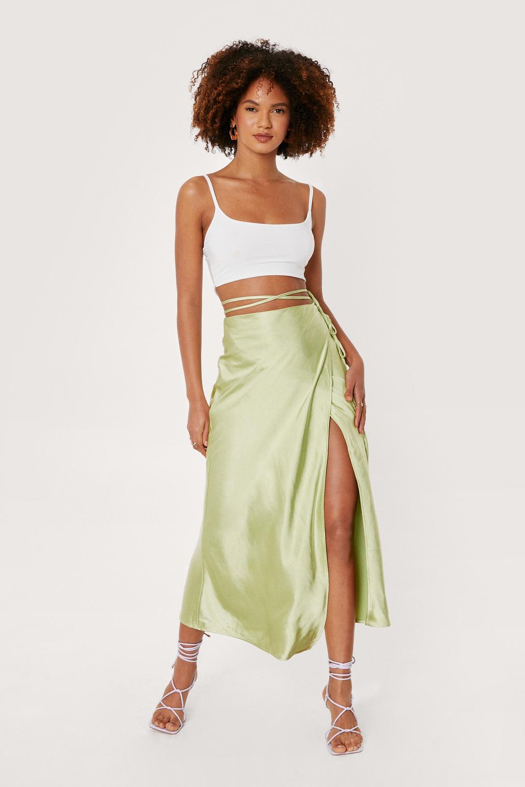 Green Strappy Satin High Waisted Midi Skirt image number 1