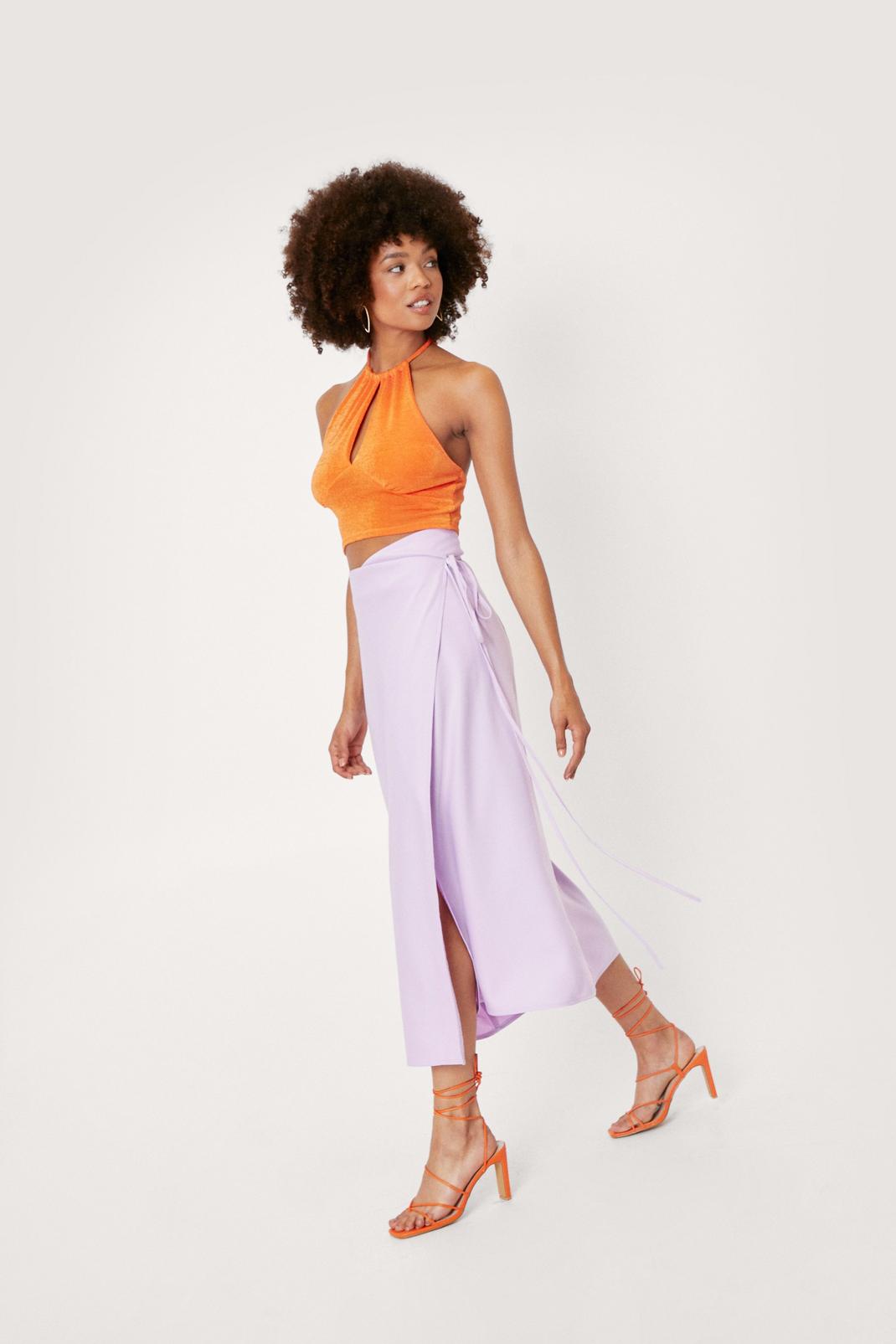 Lilac Strappy Satin High Waisted Midi Skirt image number 1