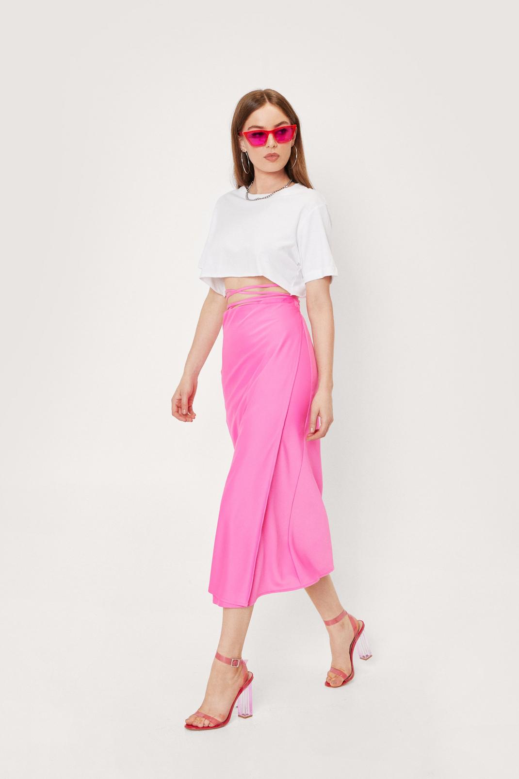 Pink Strappy Satin High Waisted Midi Skirt image number 1