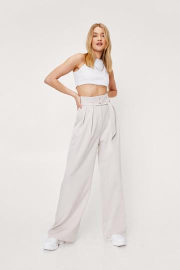 Belted High Waisted Wide Leg Pants light stone