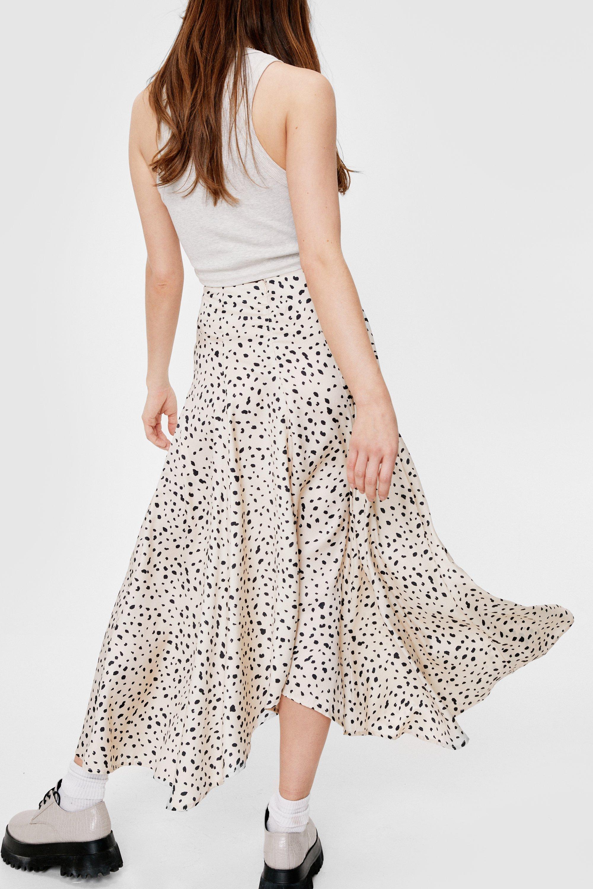 Abstract Polka Dot Asymmetric Satin Midi Skirt