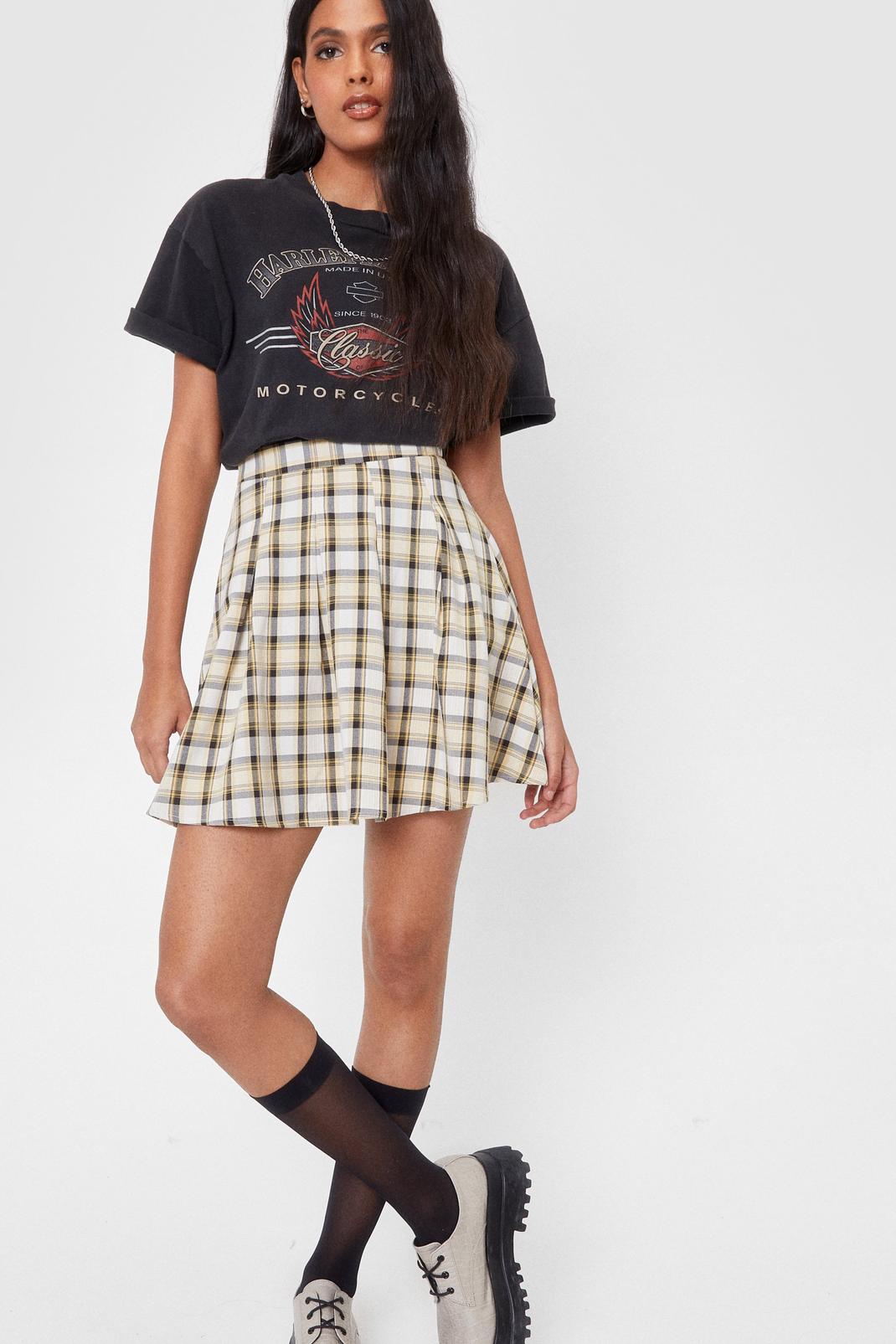 Ivory High Waisted Pleated Check Mini Skirt image number 1