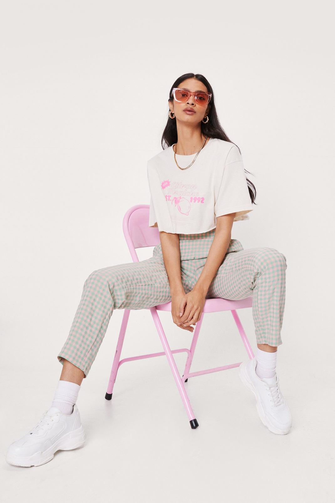 Candy pink High Waisted Elasticized Check Print Trousers image number 1