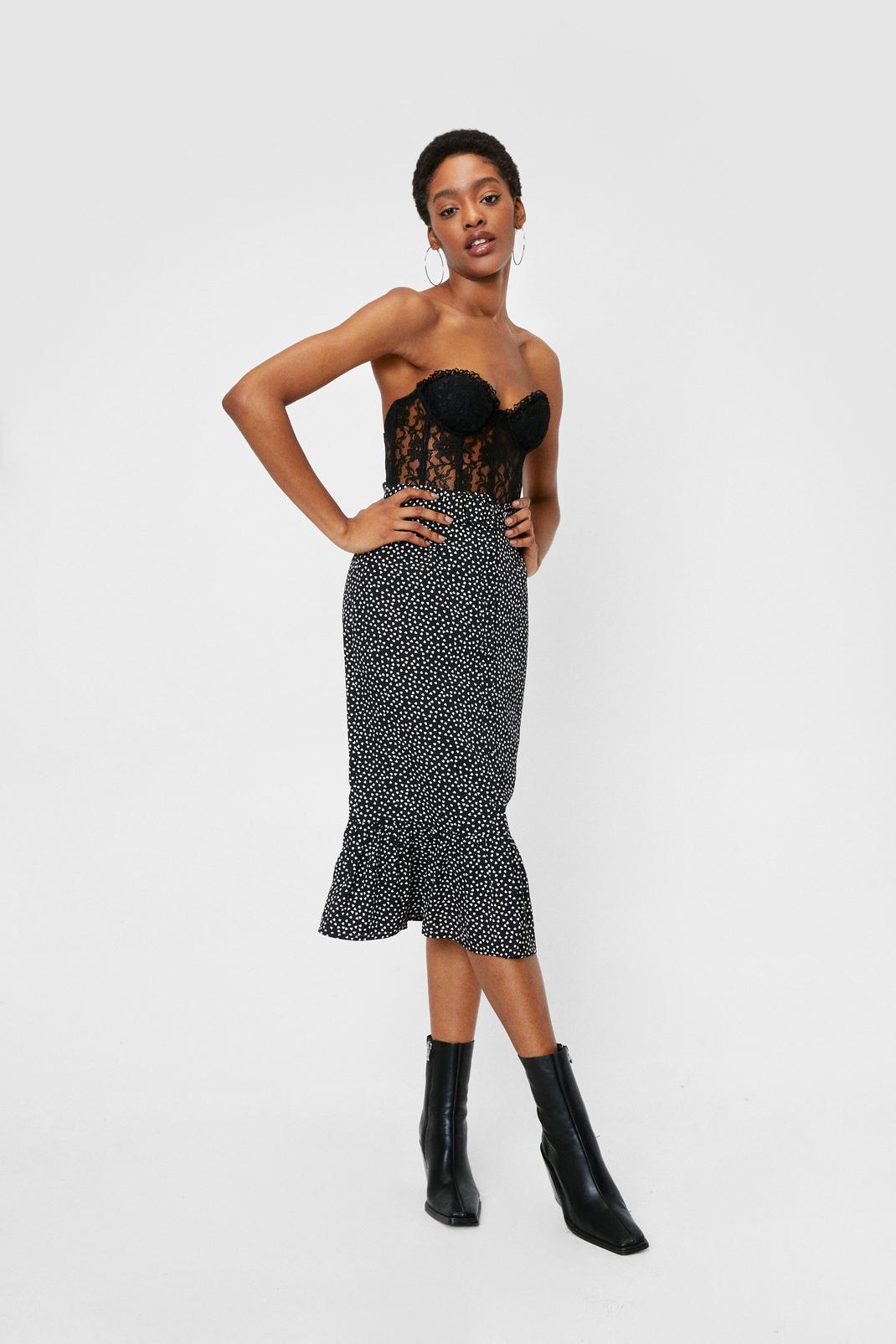 Mono High Waisted Spotty Print Ruffle Midi Skirt image number 1