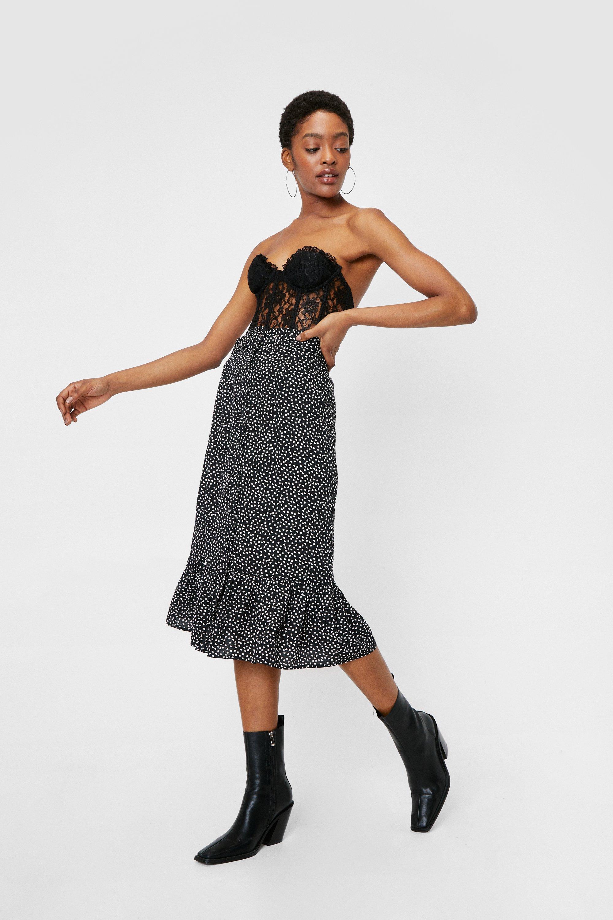 High Waisted Spotty Print Ruffle Midi Skirt Nasty Gal