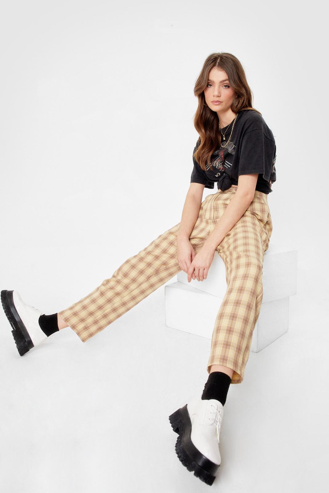 Soft beige Check High Waisted Button Trousers image number 1