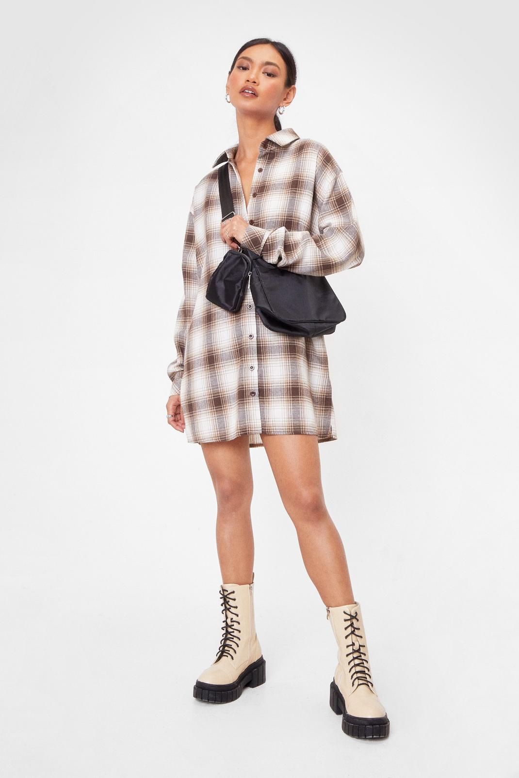 Brown Glance Over-sized Check Shirt Dress image number 1