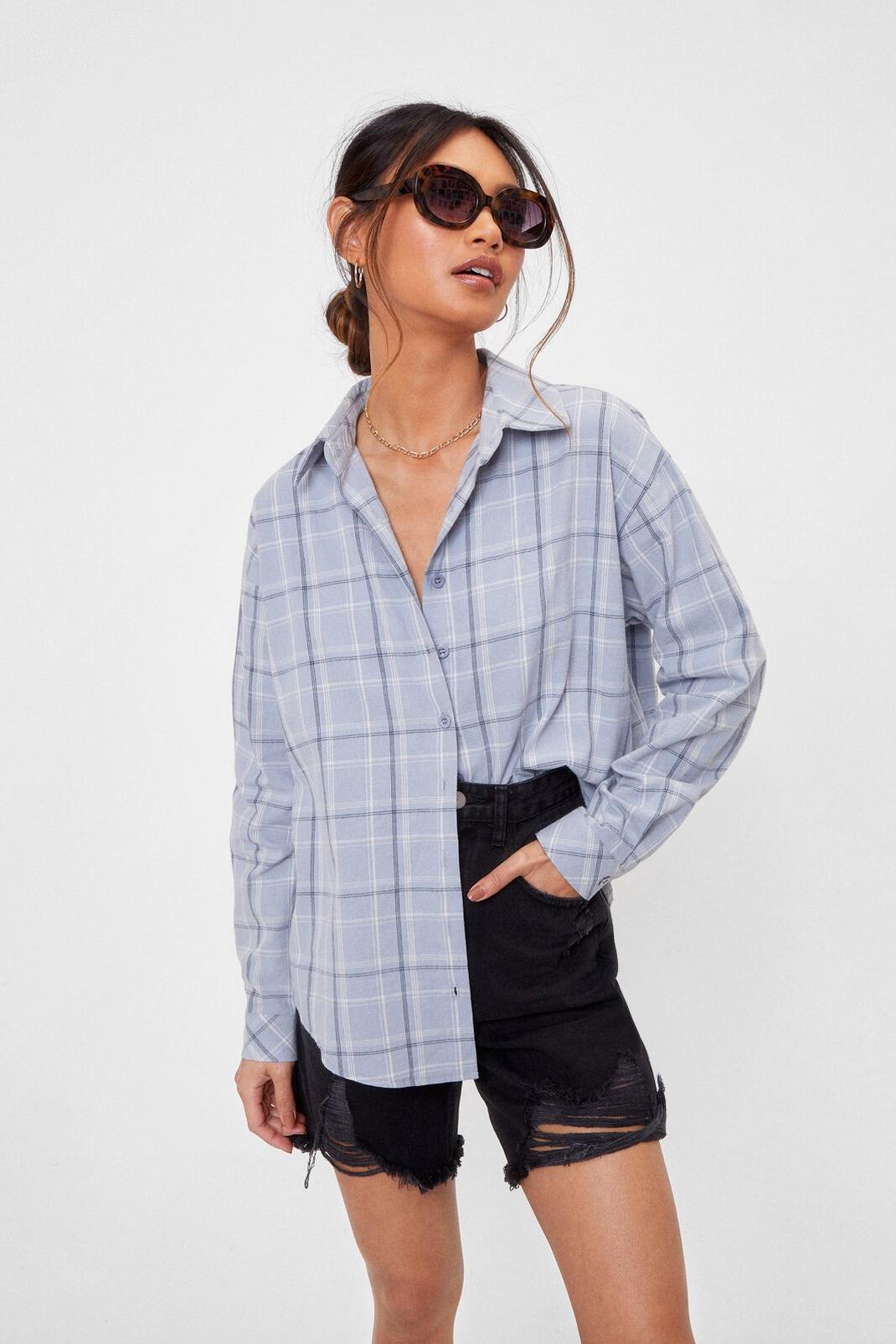 Blue Petite Slouchy Oversized Check Shirt image number 1