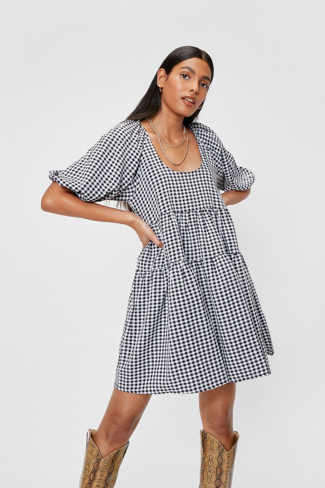 105 Gingham Puff Sleeve Tiered Smock Mini Dress image number 1