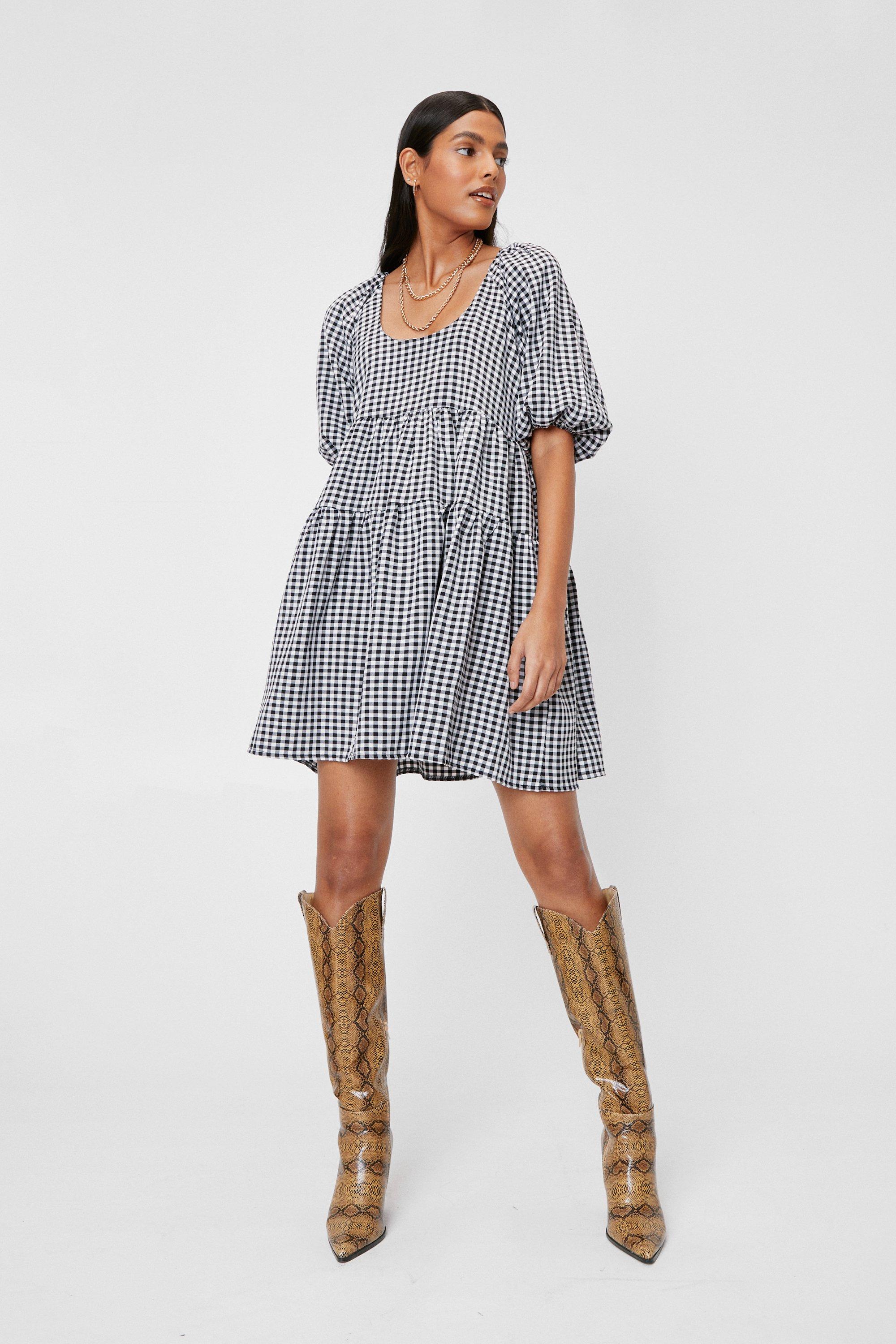 Gingham Puff Sleeve Tiered Smock Mini Dress