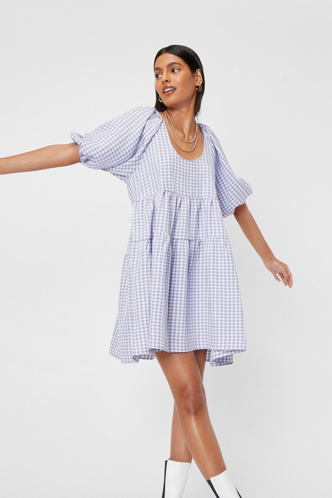 Lilac Gingham Puff Sleeve Tiered Smock Mini Dress image number 1