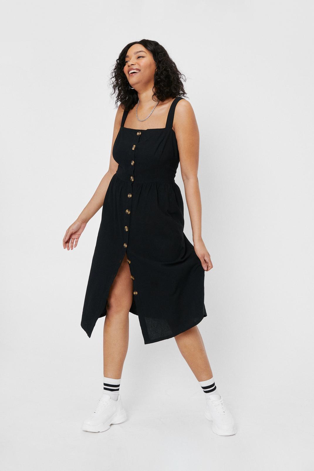 Black Plus Size Button Linen Look Midi Dress image number 1