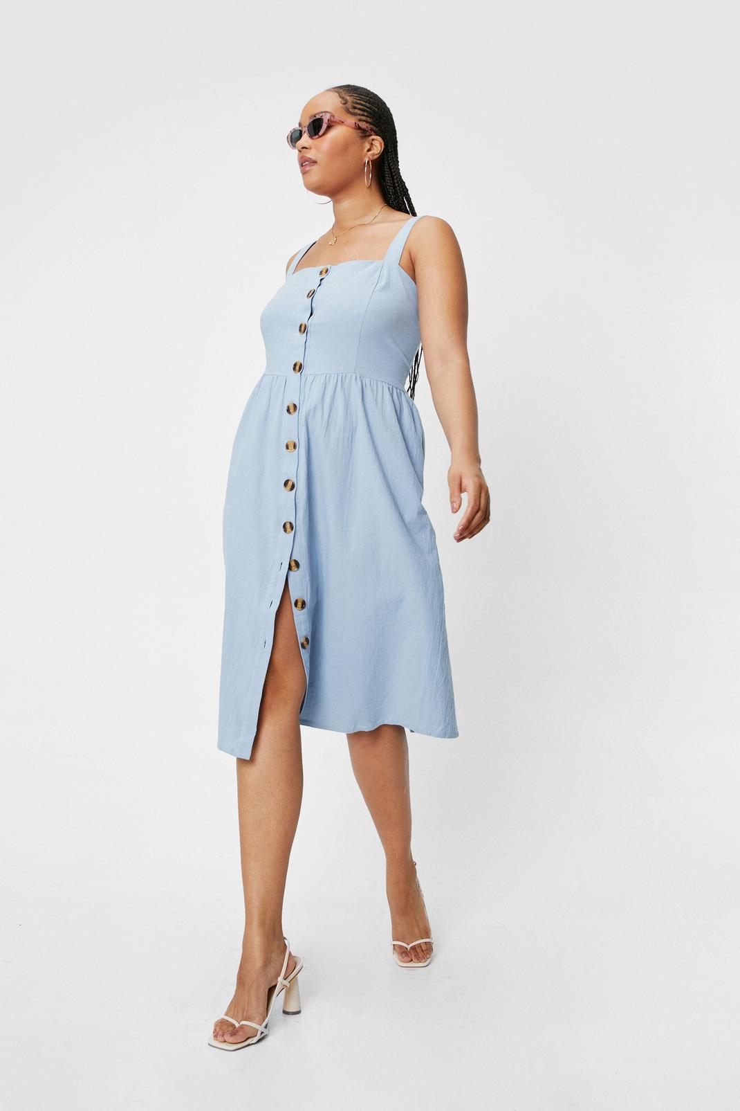 Cornflower blue Plus Size Button Linen Look Midi Dress image number 1