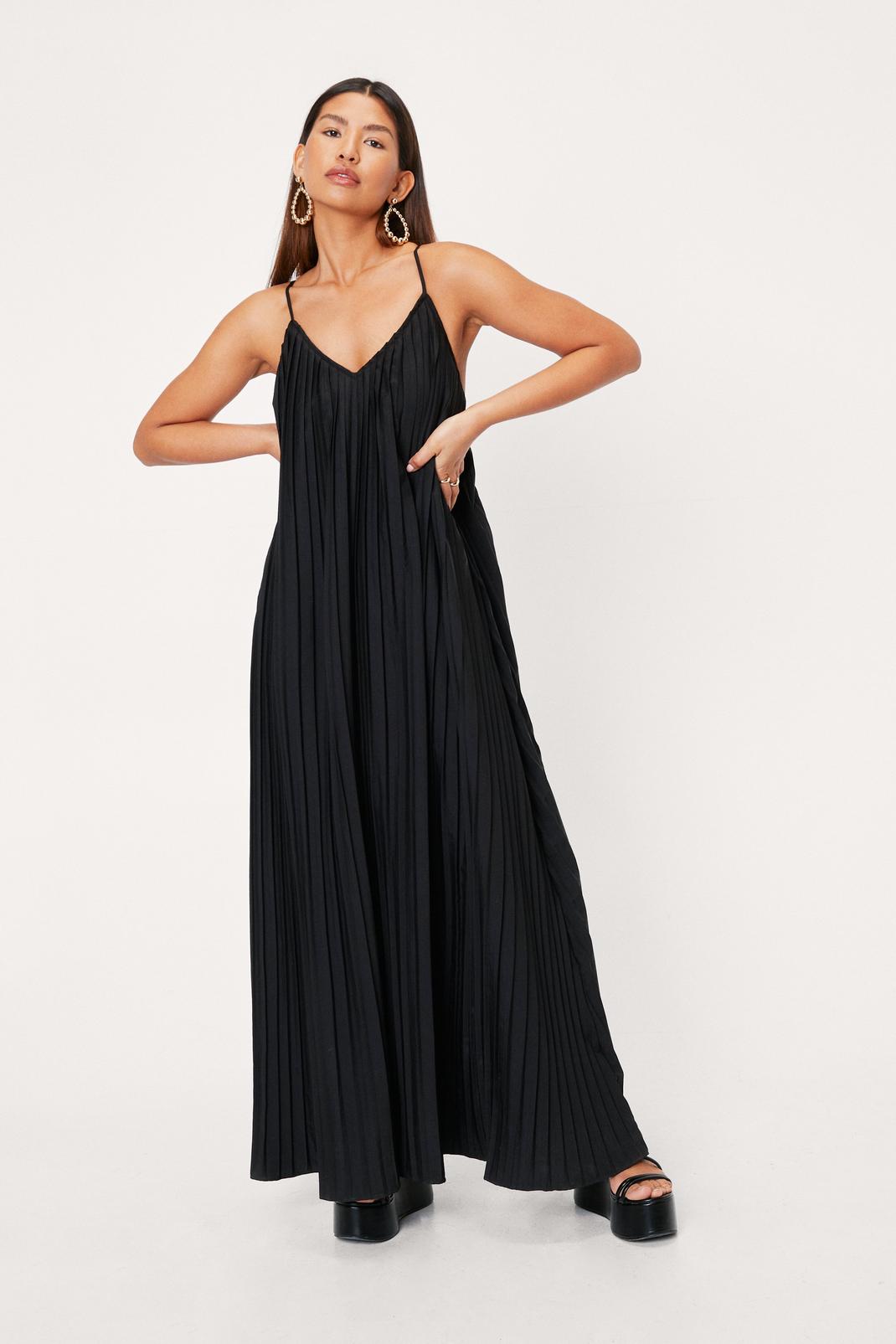 Black Pleated Crossover Strap Maxi Dress image number 1