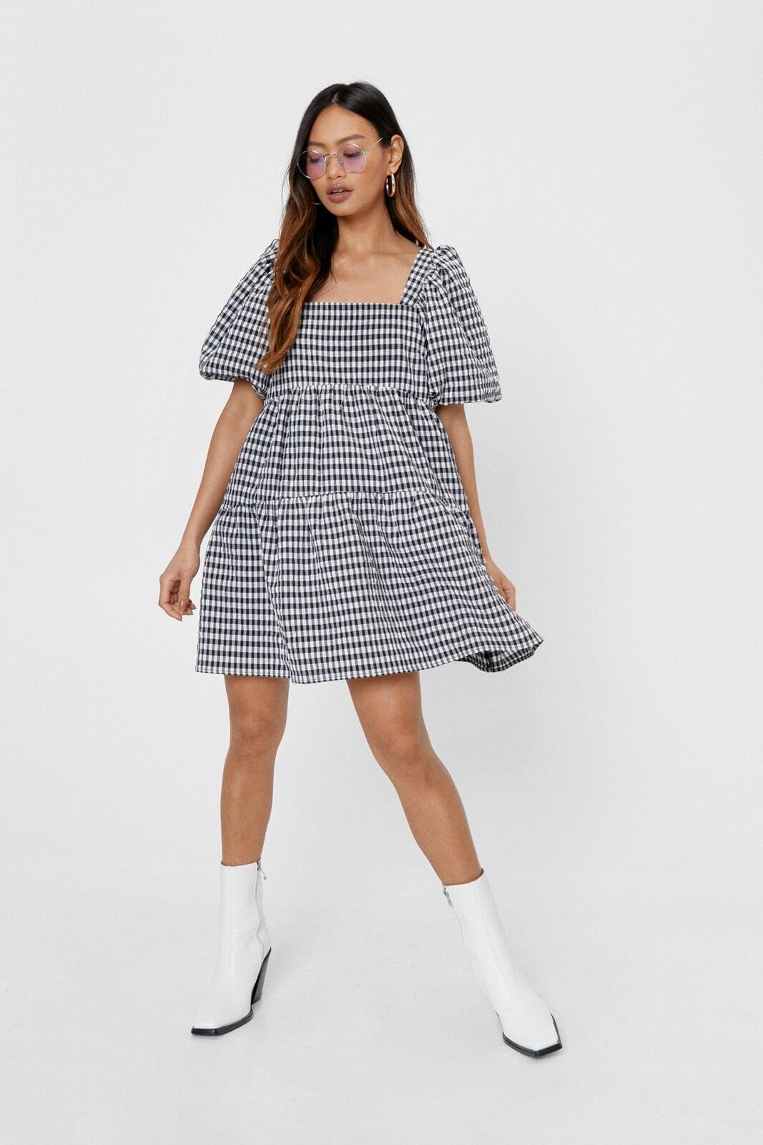 105 Petite Gingham Puff Sleeve Tiered Smock Dress image number 2