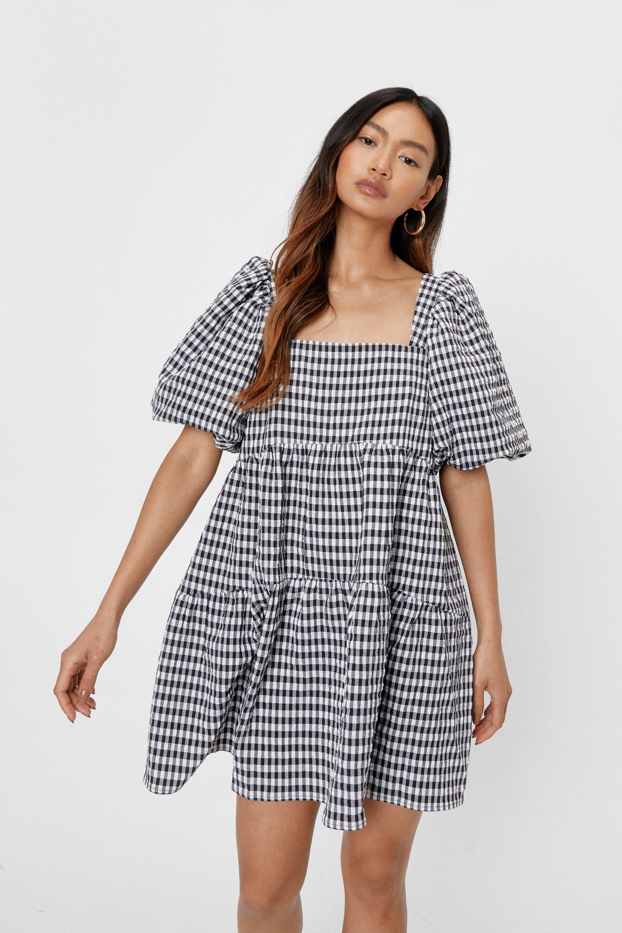 Petite Gingham Print Puff Sleeve Tiered Smock Dress