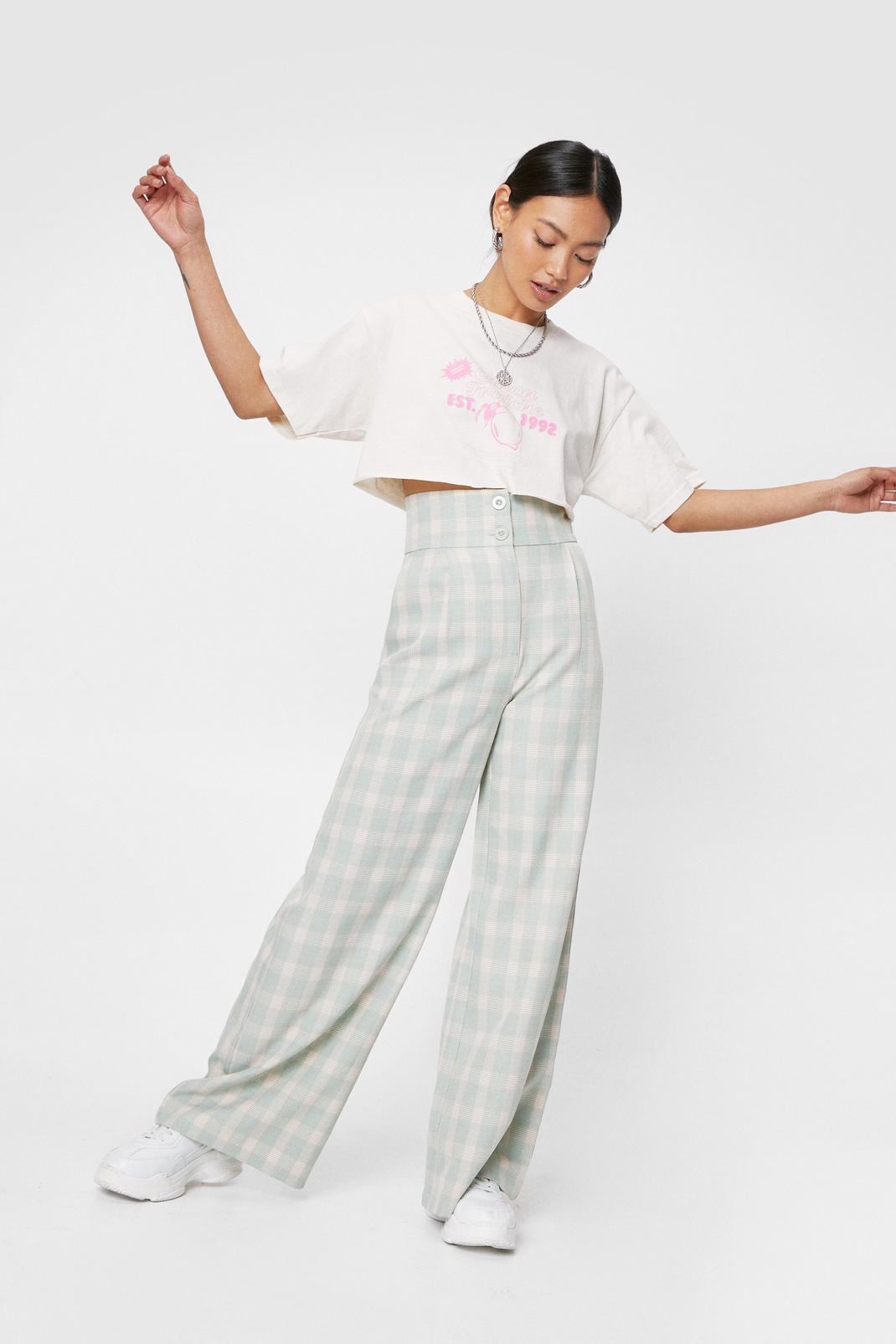 Sage Petite Check Loose Wide Leg Trousers image number 1