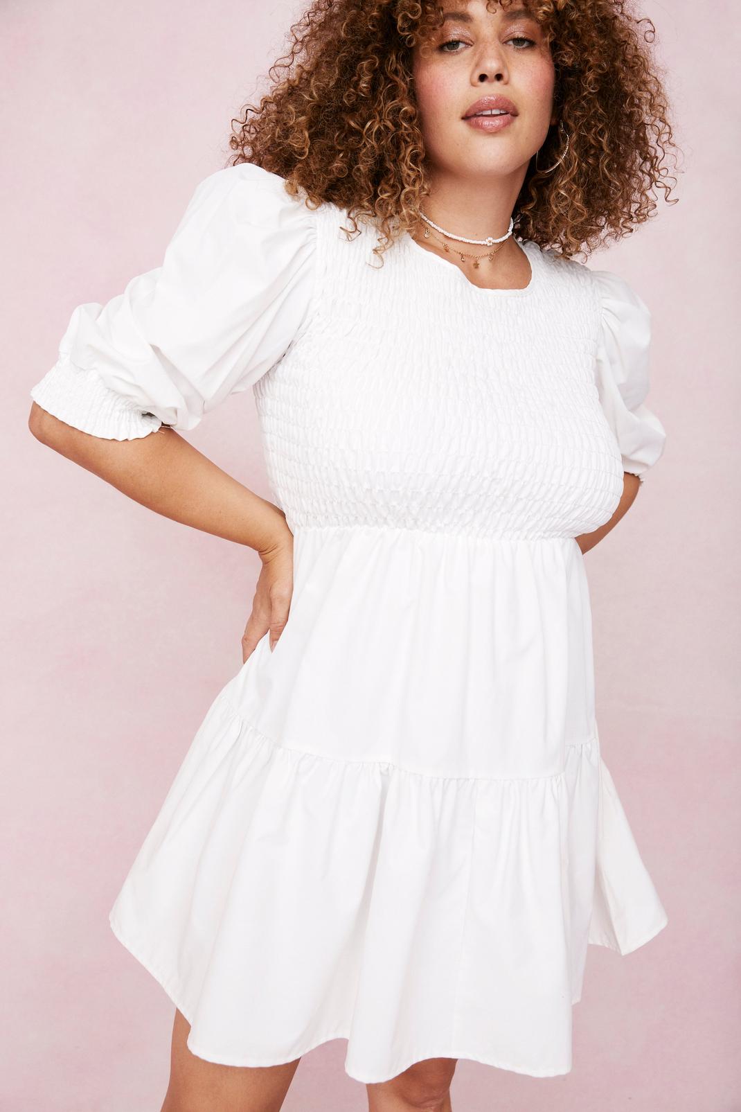 White Plus Size Shirred Puff Sleeve Mini Dress image number 1