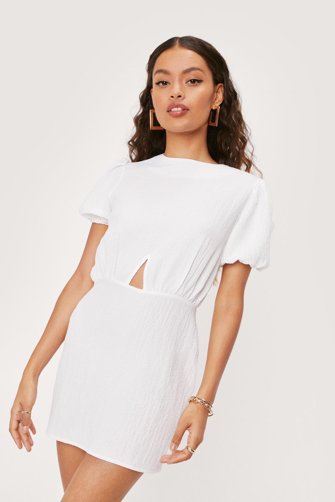 White Petite Cut Out Puff Sleeve Mini Dress image number 1