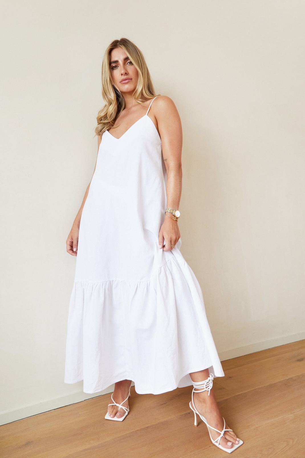 White Petite V Neck Strappy Tiered Midi Dress image number 1