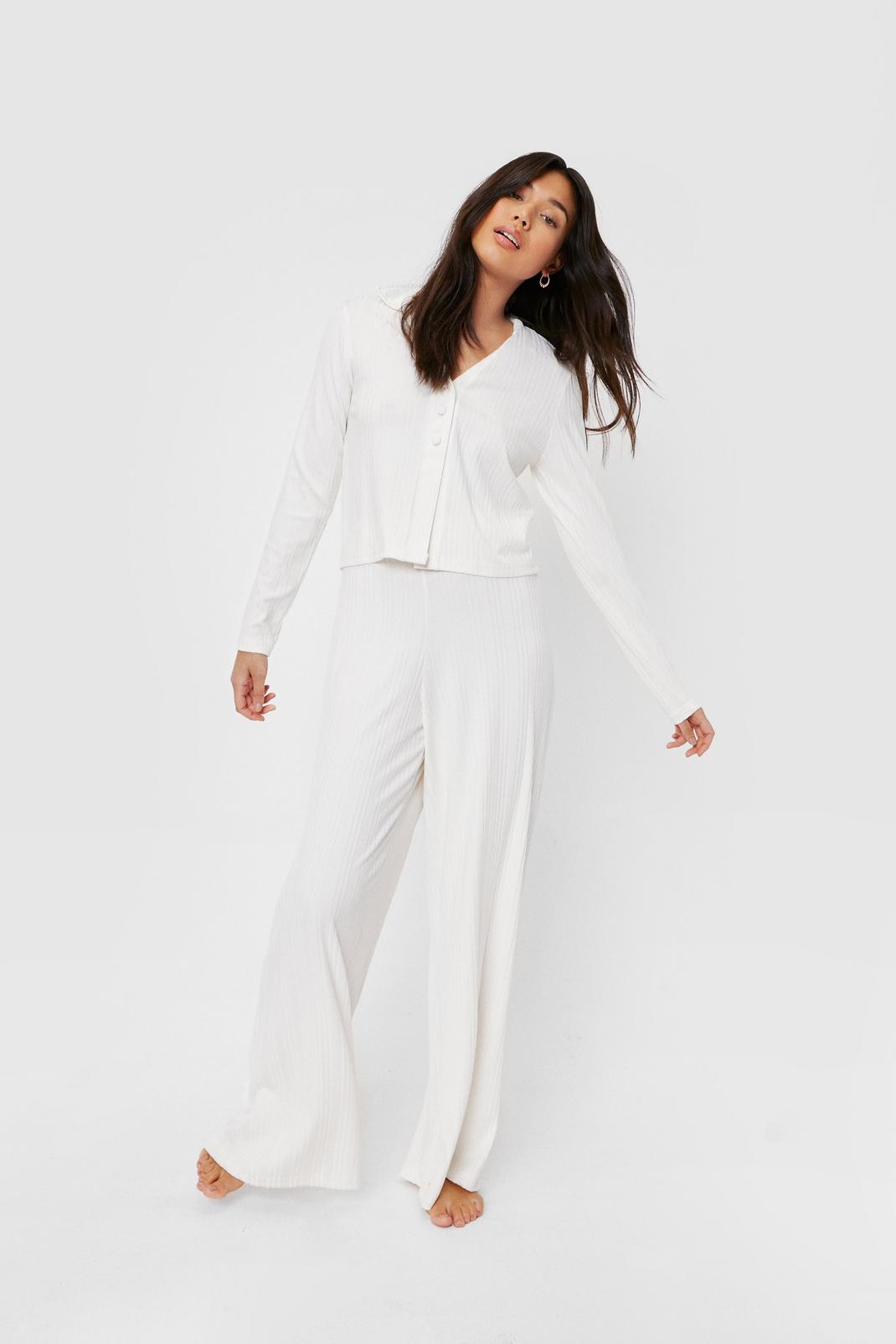 Cream Ribbed Shirt and Wide Leg Trousers Lounge Set image number 1