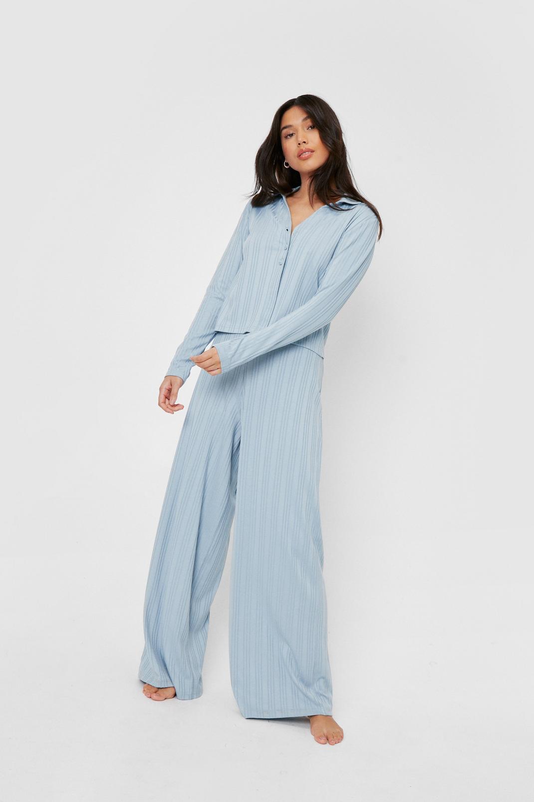 Dusty blue Ribbed Shirt and Wide Leg Pants Lounge Set image number 1