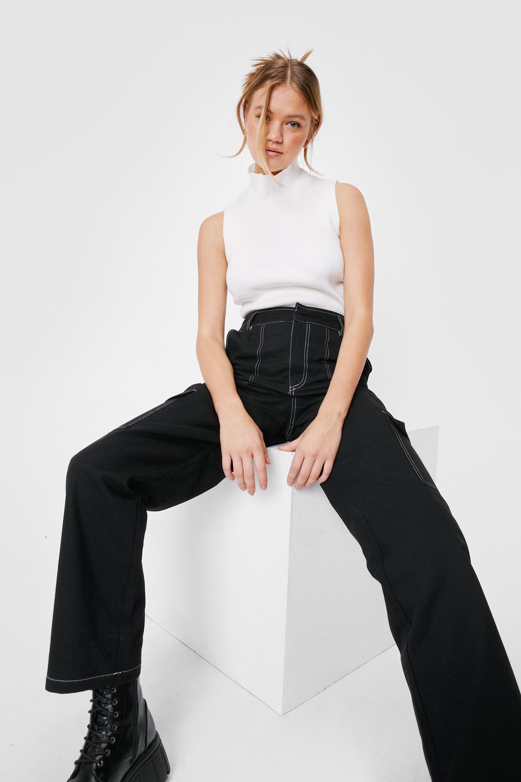 Cargo Pants Black Baggy Small White Stitching High Waisted Women Contrast  Stitch