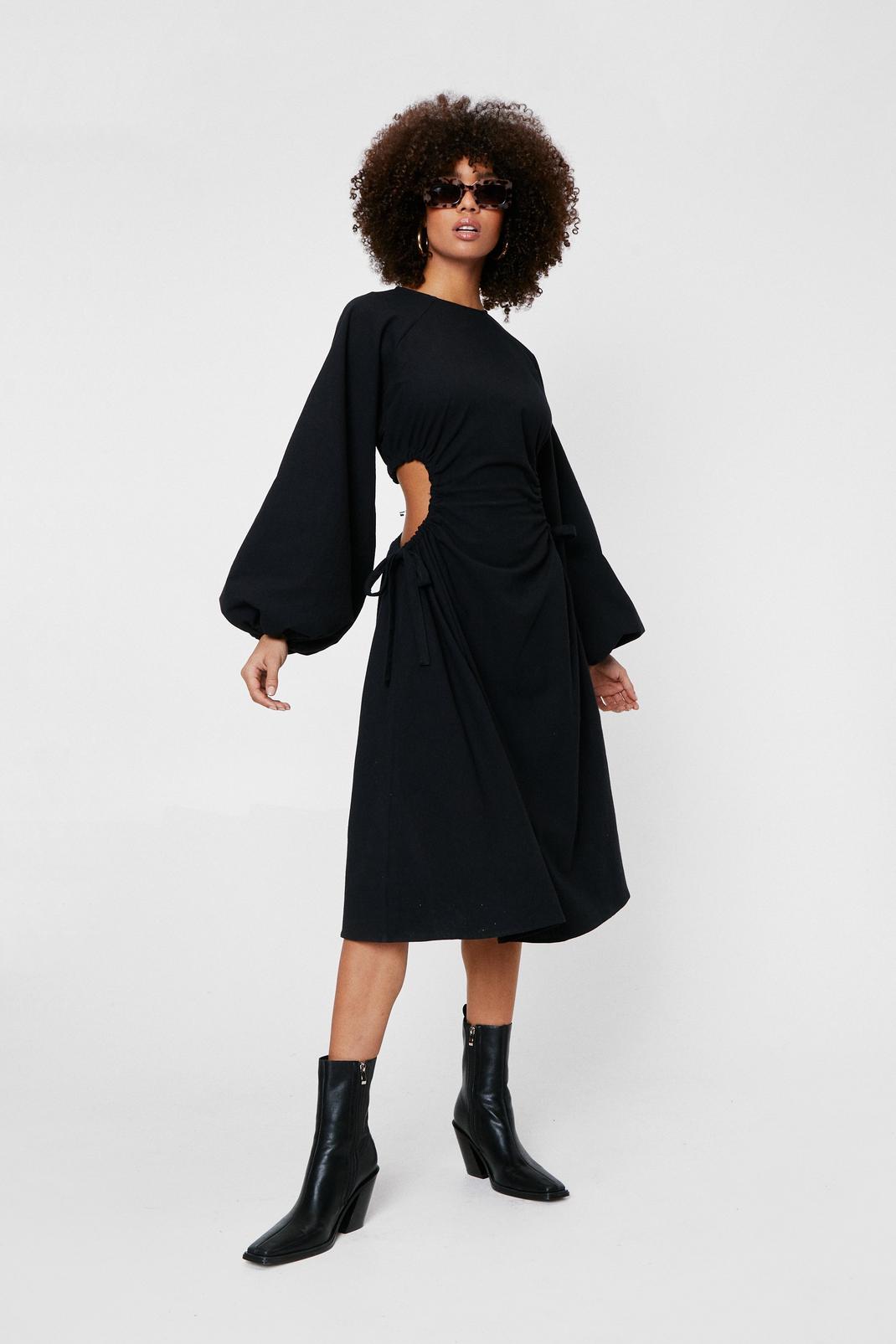 Black Linen Look Cut Out Balloon Sleeve Midi Dress image number 1