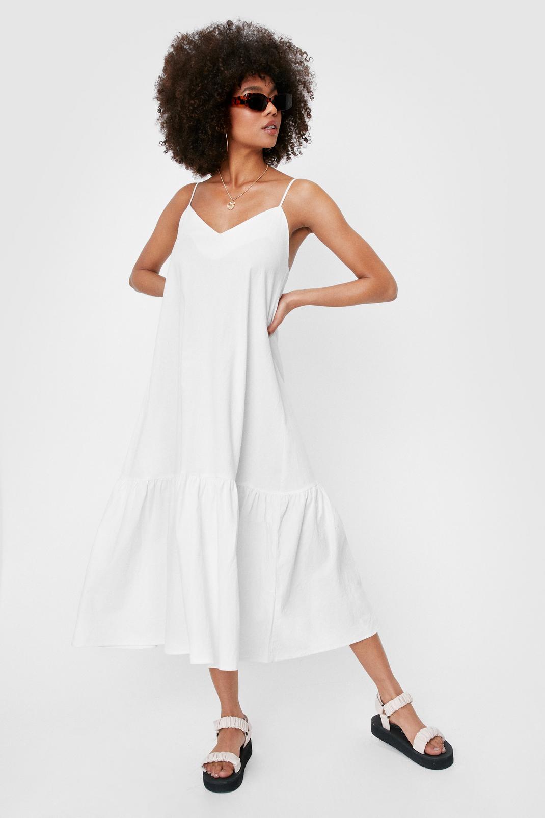 White Oversized V Neck Linen Look Midi Dress image number 1