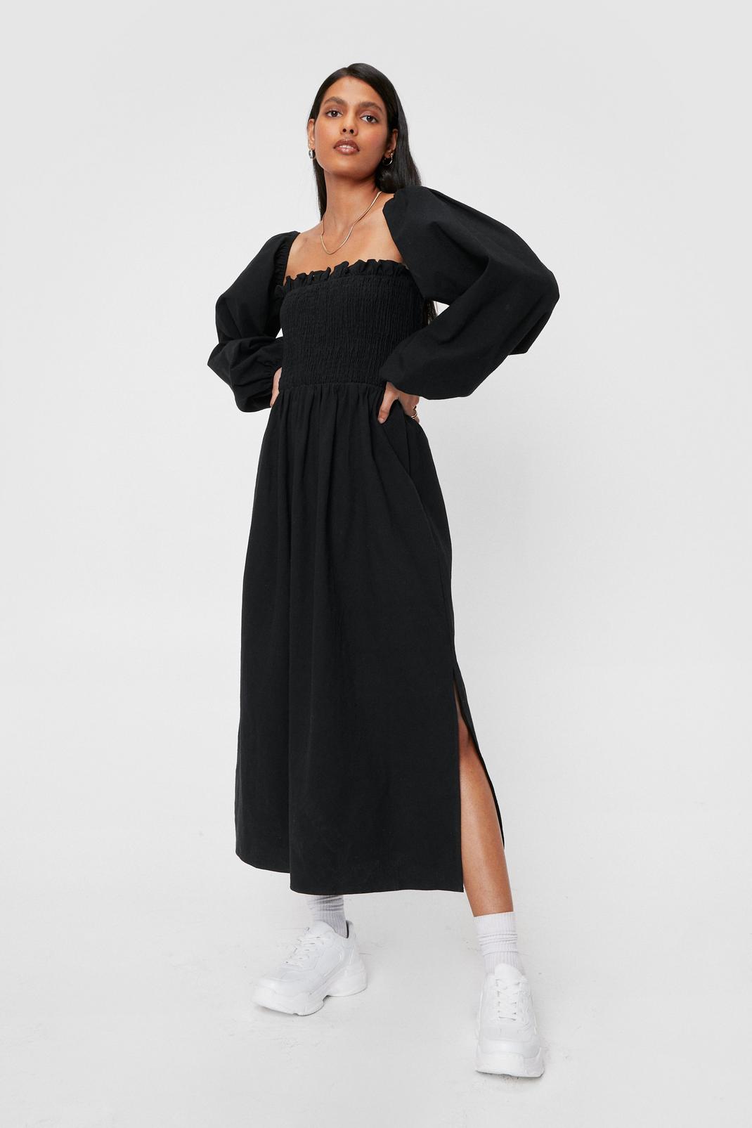 Black Linen Look Balloon Sleeve Shirred Midi Dress image number 1