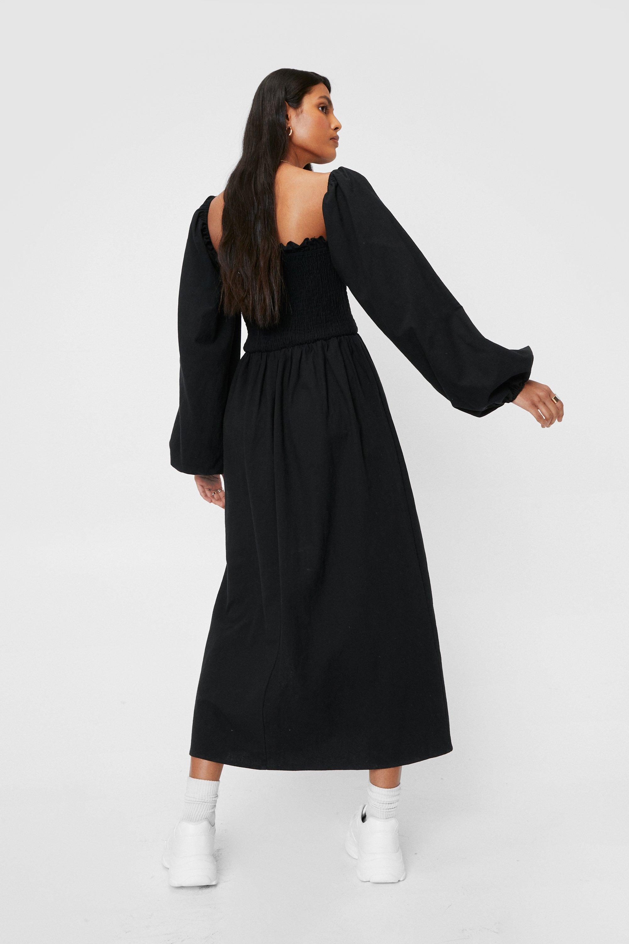 Puff Sleeve Linen Look Midi Smock Dress ...