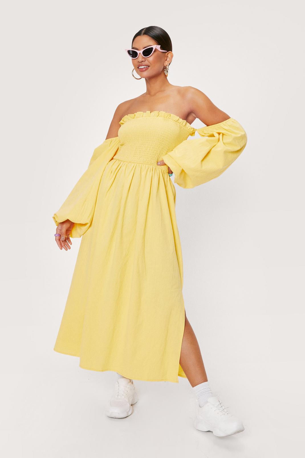 Lemon Puff Sleeve Linen Look Midi Smock Dress image number 1