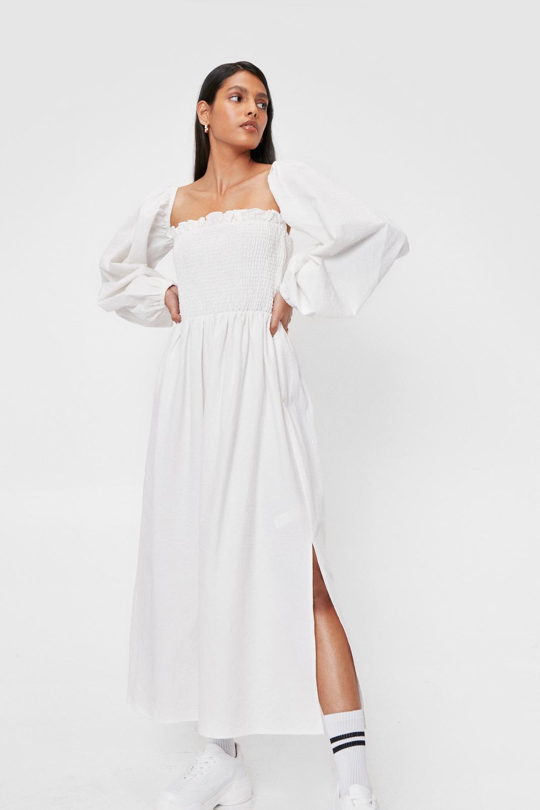 White Puff Sleeve Linen Look Midi Smock Dress image number 1