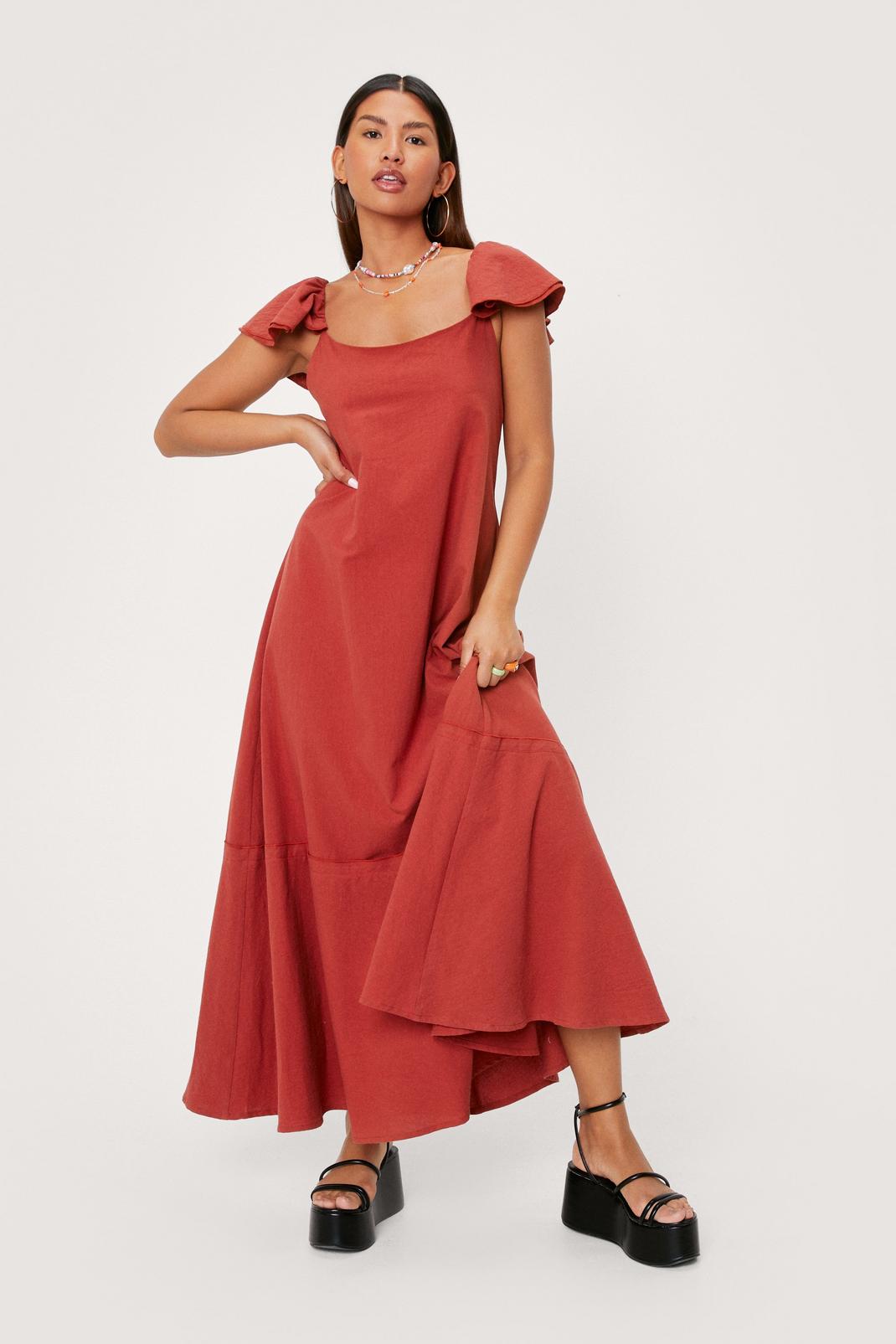 Rust Ruffle Linen Look Relaxed Maxi Dress image number 1