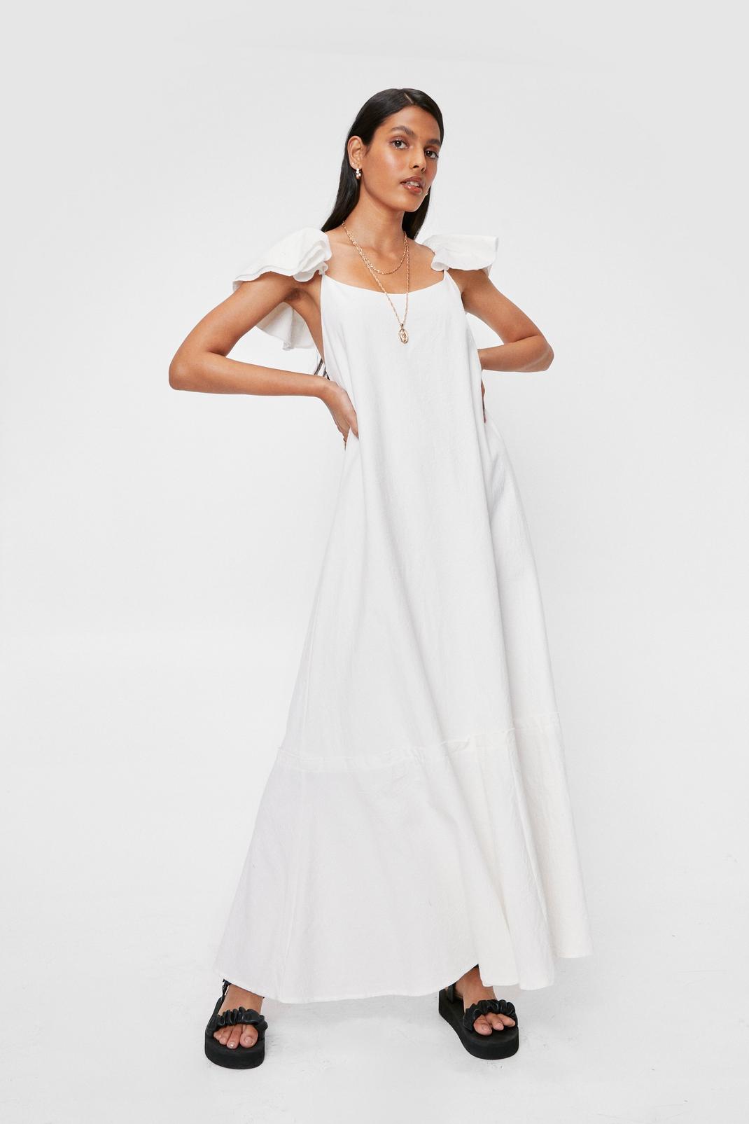 White Ruffle Linen Look Relaxed Maxi Dress image number 1