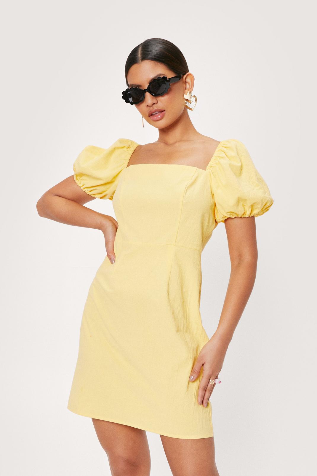 Lemon Puff Sleeve Linen Look Mini Dress image number 1