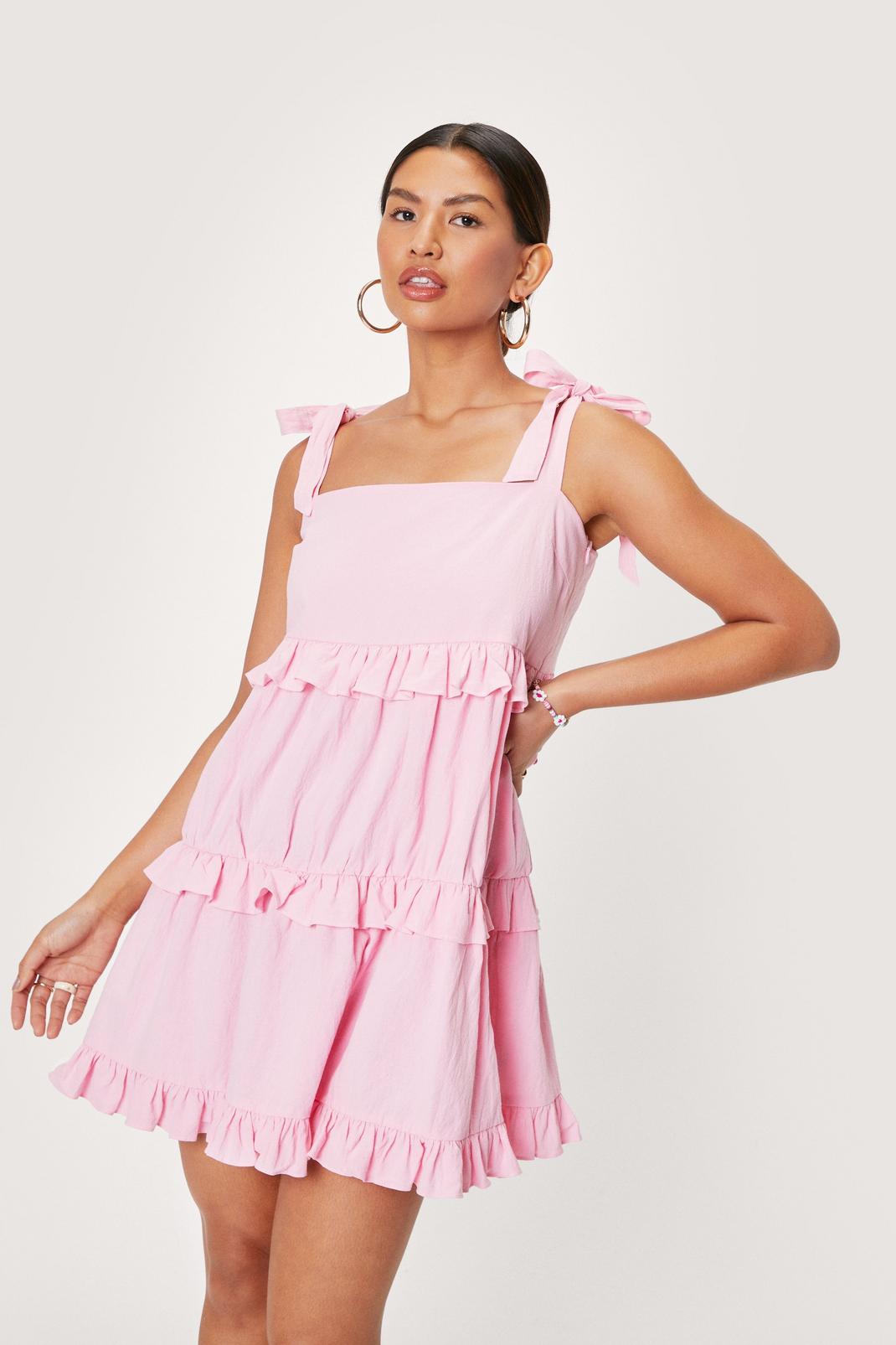 Pink Linen Look Ruffle Square Neck Mini Dress image number 1