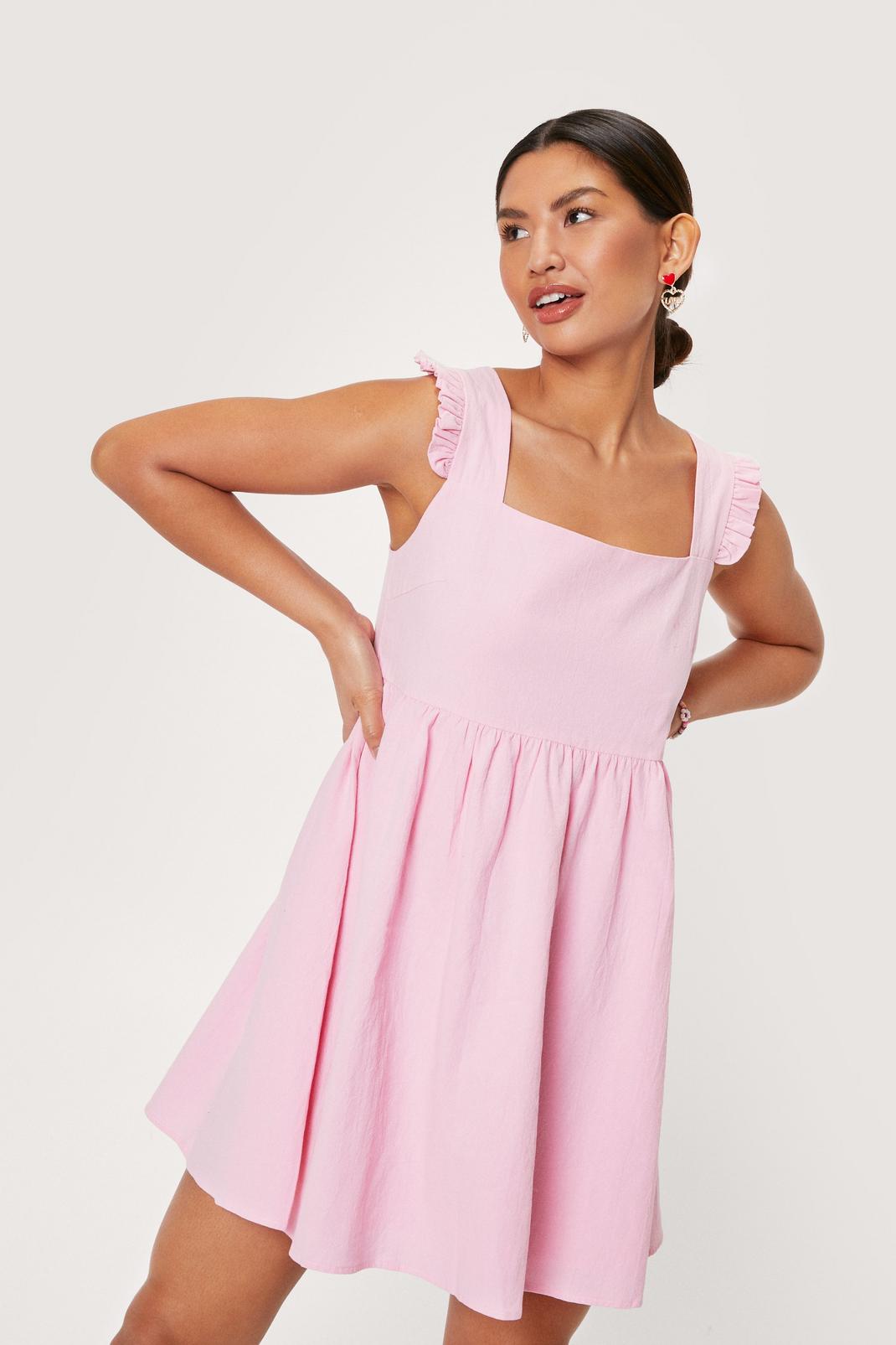 Pink Frill Shoulder Linen Mini Dress image number 1