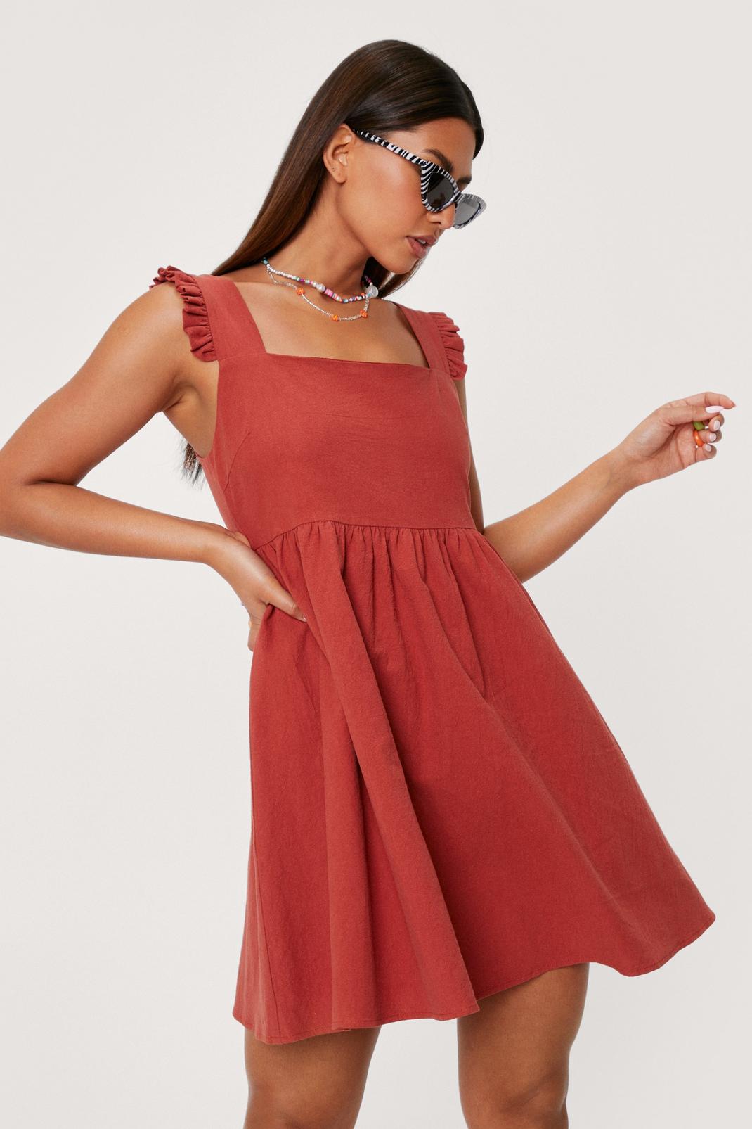 Rust Frill Shoulder Linen Mini Dress image number 1