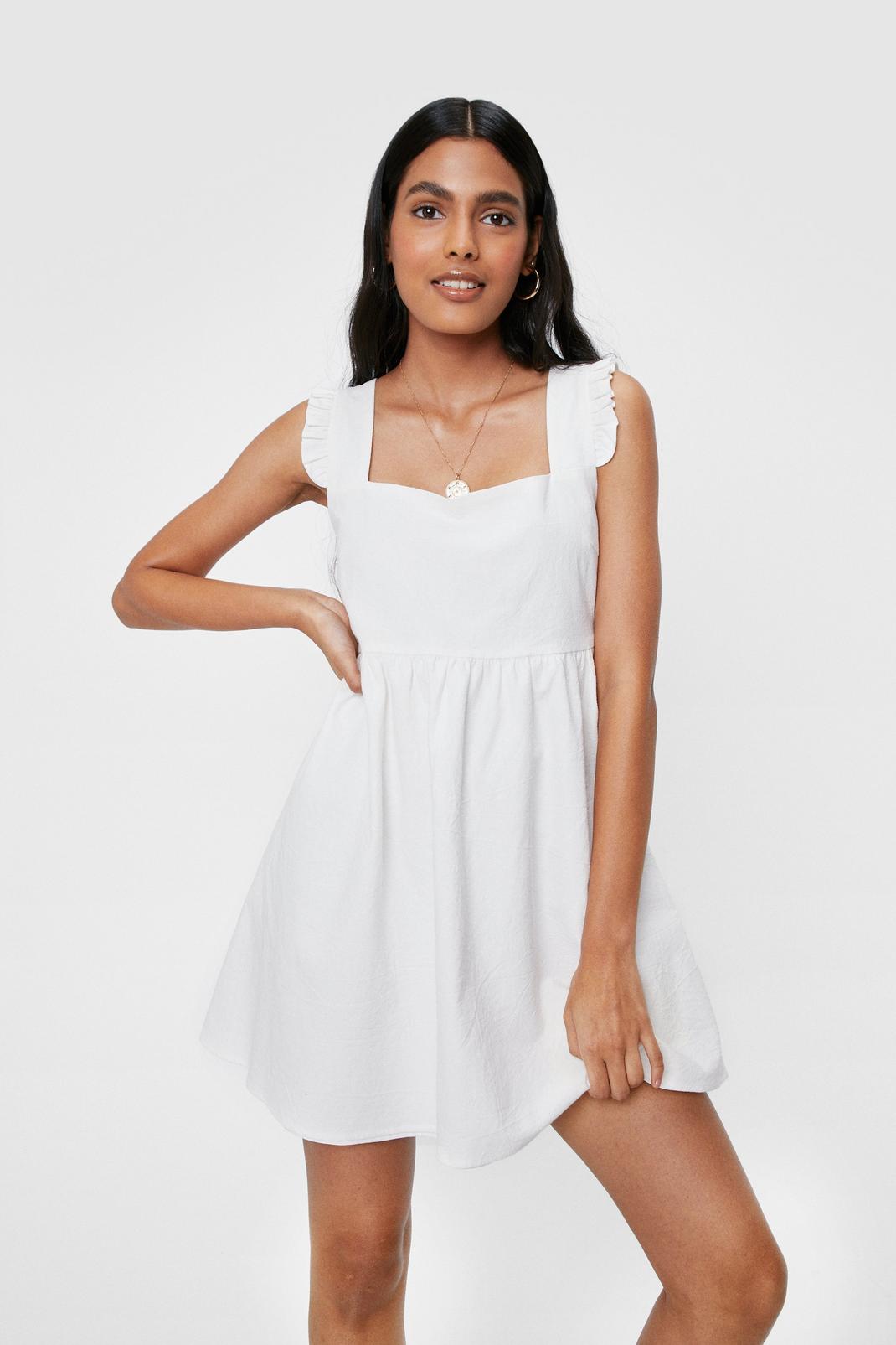 White Frill Shoulder Linen Mini Dress image number 1
