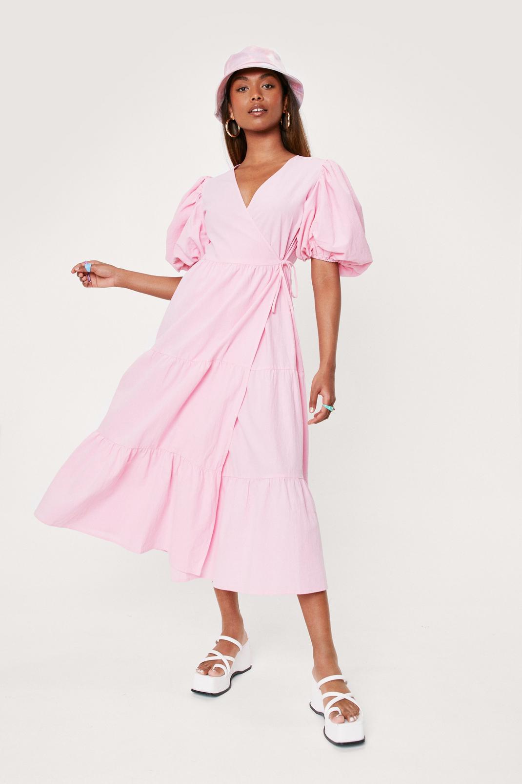 Pink Linen Look Puff Sleeve Wrap Midi Dress image number 1