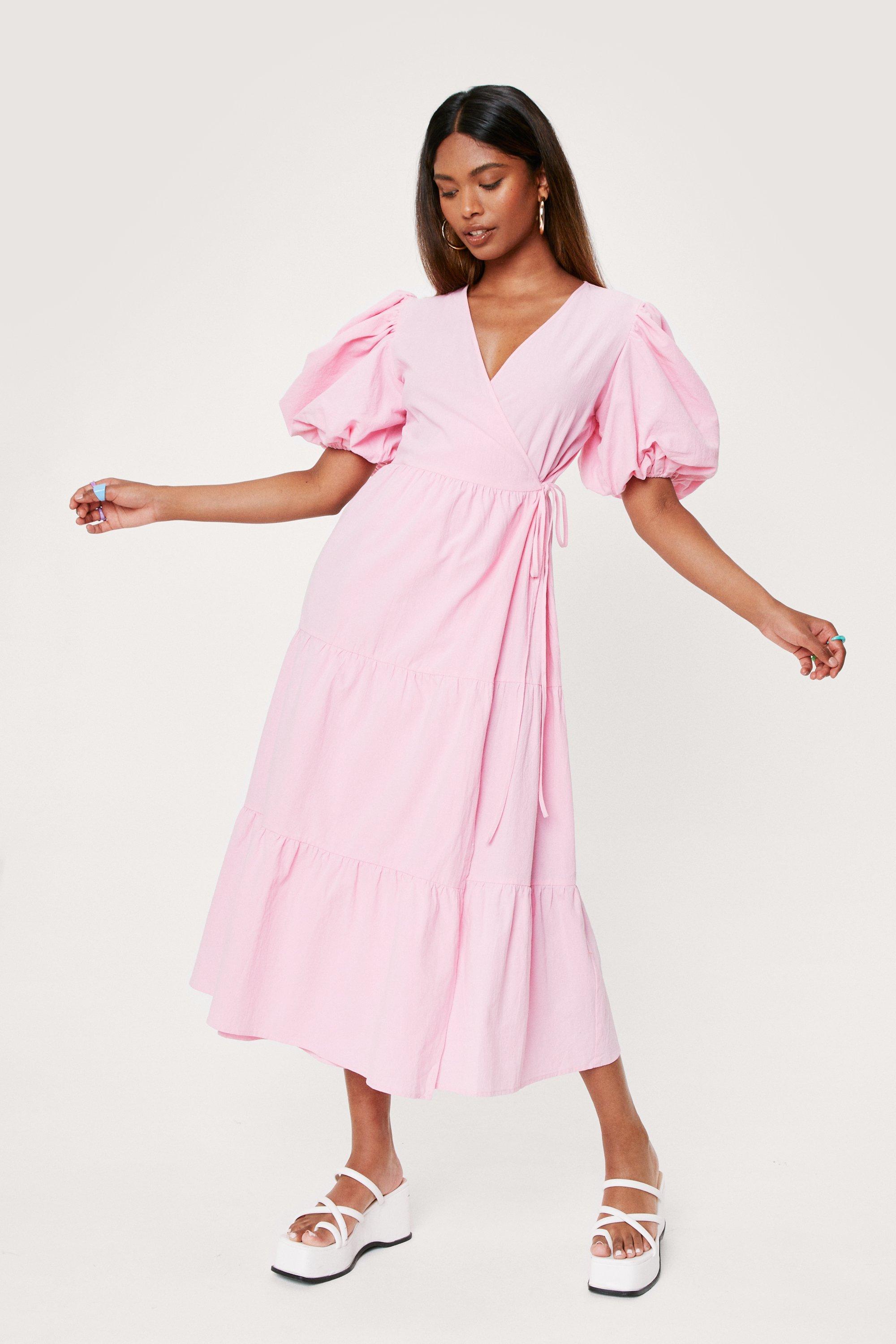 Gespierd Maria Schuine streep Linen Look Puff Sleeve Wrap Midi Dress | Nasty Gal