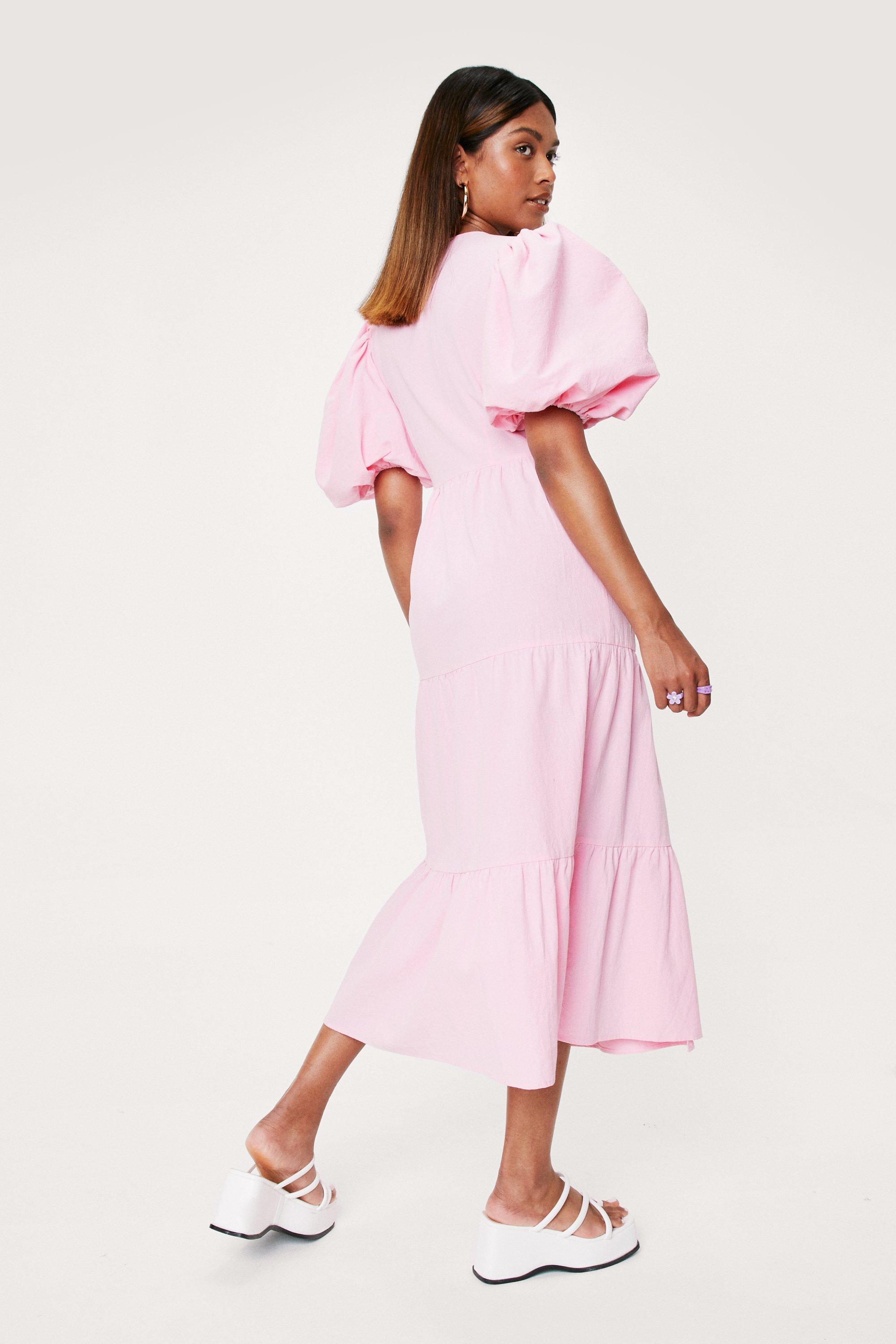 Linen Look Puff Sleeve Wrap Midi Dress ...